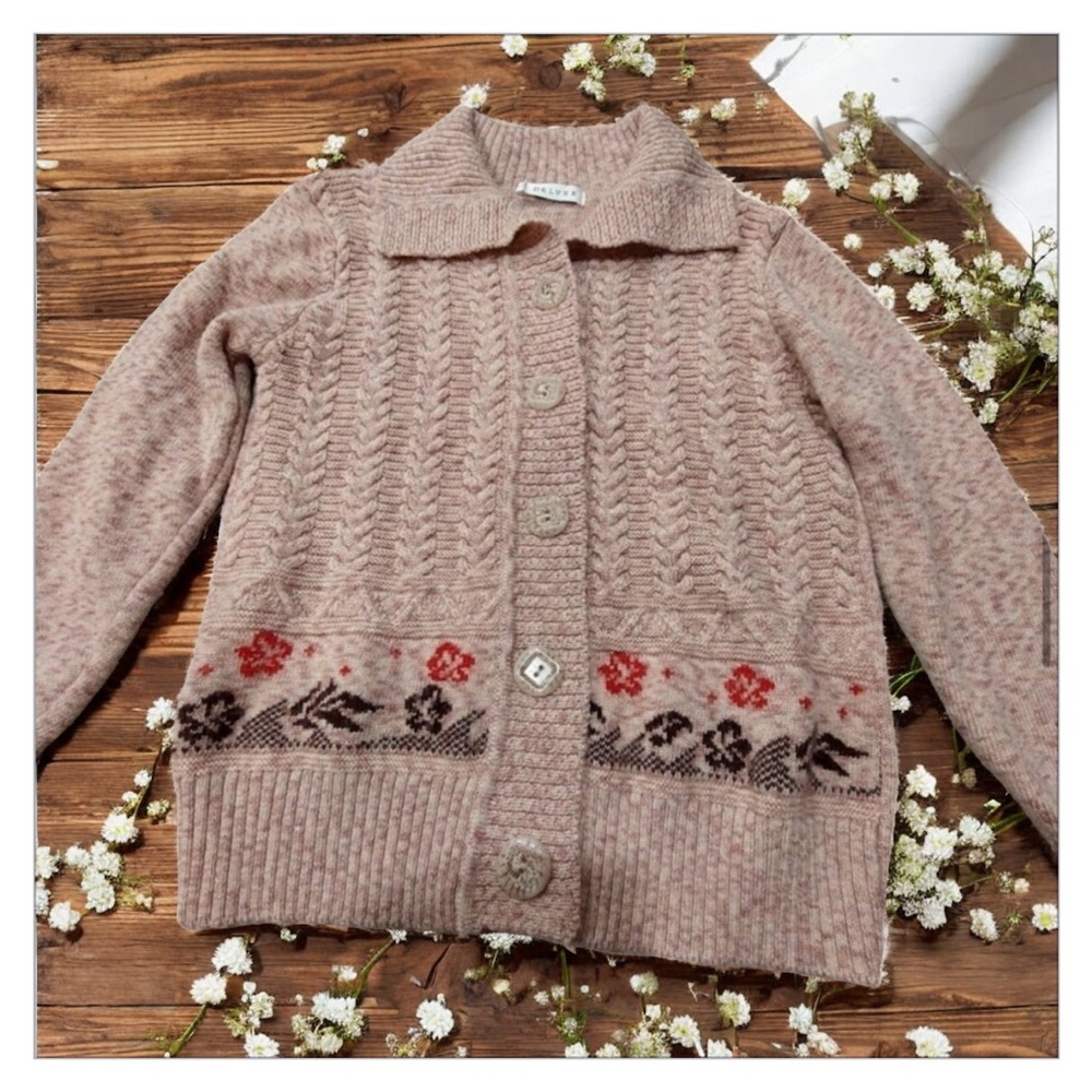 VTG Women's Cable Knit Pink 
Button-Down Cardigan - floral detail- Like new- SzS